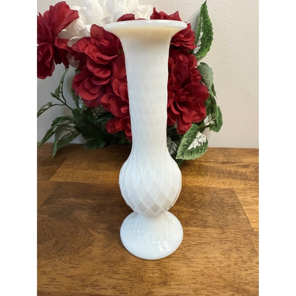 Vintage E.O. Brody Milk Glass Vase Diamond Quilt Bulb Base White MCM Wedding